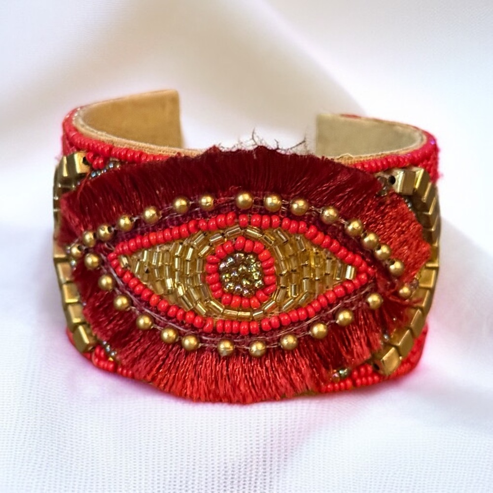 Handmade red and gold beaded evil eye wide cuff bracelet